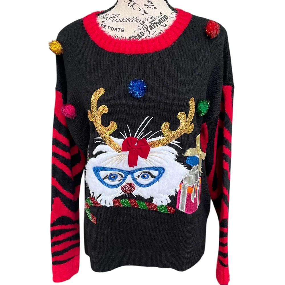 Festive Cat Black and Red Christmas Sweater
